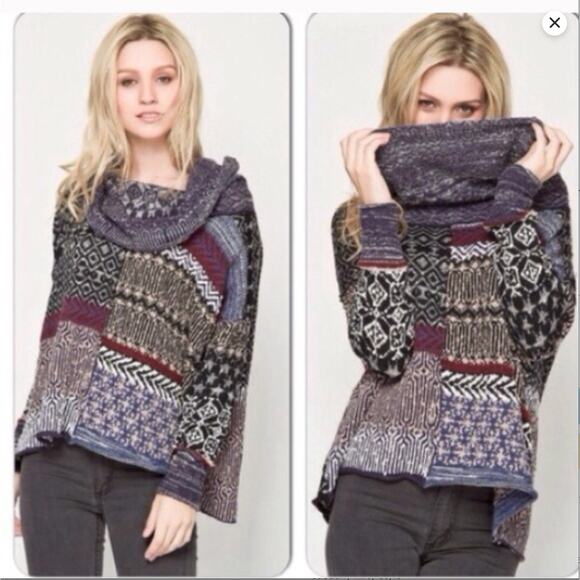 Free People Patchwork Cowl Neck Sweater M | Oversized Fair Isle Boho Knit Grunge - Picture 15 of 15